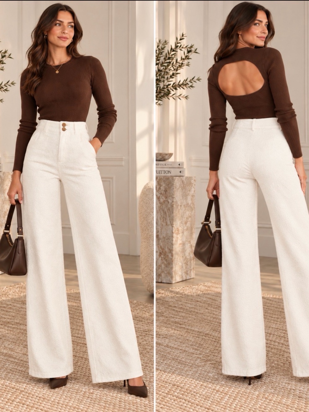 REMAIN Chocolate Open Back Sweater S + Veronica Beard Ivory Pants 4 Set